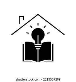 House glyph icon illustration with open book and light bulb. icon illustration related to education place idea. Simple vector design editable