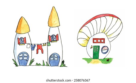 House for gnome made from mushroom vector in watercolor
