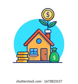 House With Gold Coins Money Plant Vector Icon Illustration. Real Estate Investment Concept. Building Icon White Isolated. Flat Cartoon Style Suitable for Web Landing Page, Banner, Flyer, Sticker, Card