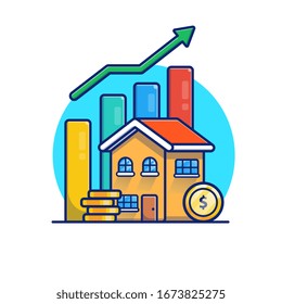 Haus mit Goldmünzen, Statistische Vektorillustration Symbol Illustration. Investitionskonzept für Immobilien. Bausymbol weiß isoliert. Flacher Cartoon-Stil geeignet für Web-Landing-Page, Banner, Flyer, Aufkleber, Karte