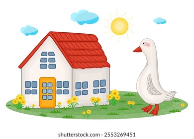 House and goose isolated on white background. Poultry farming in rural. Village garden with duck, home and field. Country landscape with farm bird. Cartoon ranch scenery. Stock vector illustration