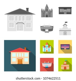 House of government, stadium, cafe, church.Building set collection icons in monochrome,flat style vector symbol stock illustration web.