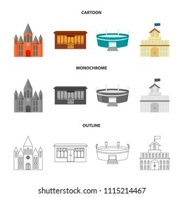 House of government, stadium, cafe, church.Building set collection icons in cartoon,outline,monochrome style vector symbol stock illustration web.