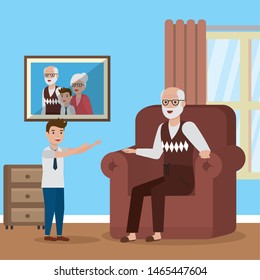 house grandchild with grandather happiness vector illustration