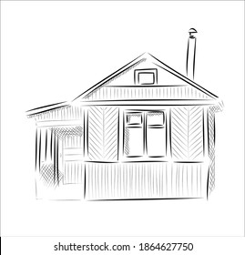 house in a graphic style. black and white wooden house on a white background. village. coloring book for children and adults. black outline. doodle, sketch. Russian hut, Ukrainian, Belarusian. package