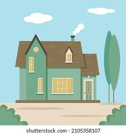 House is green in color, with brown roof with smoke from chimney on background of natural landscape and blue sky. Vector landscape in flat style.