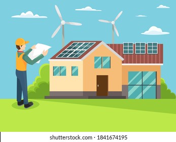 House with green energy concept. Green energy an eco friendly house solar and wind power. Alternative energy engineering concept. Engineer in uniform install solar panel on house. Vector in flat style