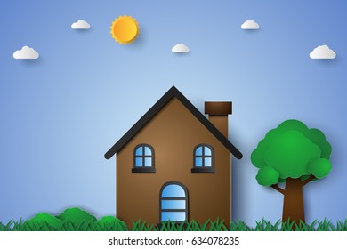 House in green field with grass and tree , paper art style