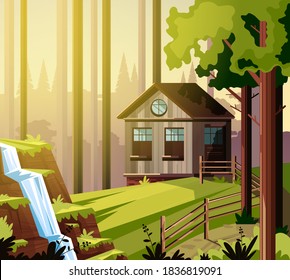 House in green forest farm landscape concept. Vector flat graphic design cartoon illustration