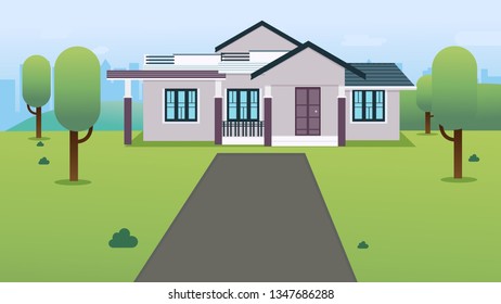  House with green grass , trees ,hills and cityscape vector illustration.Flat home design with garden in town.Private house in city