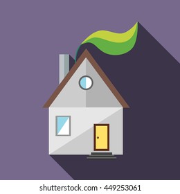 House and green leaf icon in flat style on a lavender background