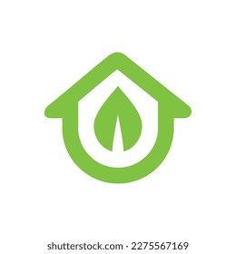 Casa con diseño de logotipo de hoja verde, icono del logotipo de la granja de huertos caseros, símbolo de la casa ecológica