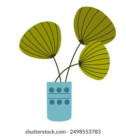 House green leaf plant growing in planter. Potted houseplant. Natural foliage interior indoor decoration. Modern organic room decor with leaves. Flat vector illustration isolated on white background