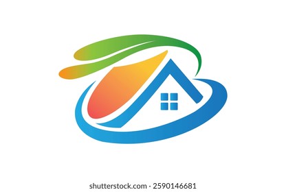A house with green leaves on the top of it colorful modern home logo design