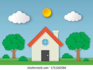 house with green plants paper art style background. vector Illustration.