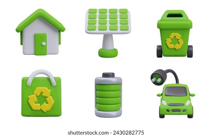 House with green roof, solar panel, trash can, shopping bag, charged battery, electric car