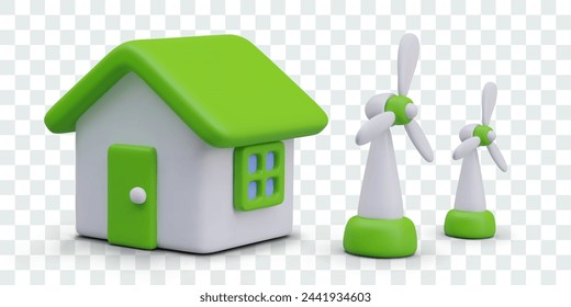 House with green roof, wind turbines in 3D style. Isolated items for eco friendly concepts