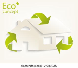 House with green triangular recycle symbol. Vector illustration isolated on white background.