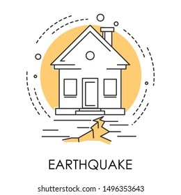 House and ground destruction, earthquake, natural disaster isolated icon vector. Quake or tremor, Earth surface shaking, soil cracked in half. Danger and life threat, environmental problem, ecology