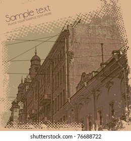 house and grunge scratched background. retro style. vector illustration