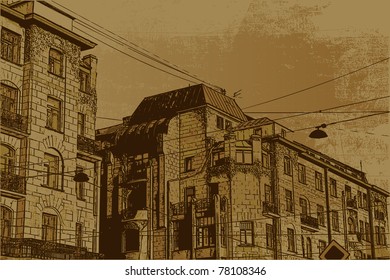 house and grunge scratched background. retro style. vector illustration