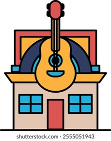 A house with a guitar on top of it. The house is yellow and blue. The guitar is red and black