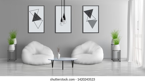House hall, modern apartment sunny living room 3d realistic vector interior with coffee table near two beam bag chairs in middle of room, paintings, photo frames on grey wall, flowerpots illustration