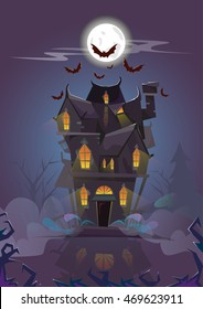 House Halloween Night Bats Flying Around Flat Vector Illustration