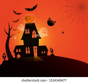 House of halloween party with pumpkins, ghosts, spiders, bat