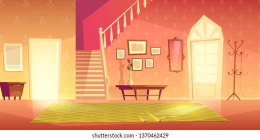 House hallway entrance interior with stairs and furniture. Bright apartment background with door, mirror, hanger, carpet, flower in vase on table lightened with sun rays. Cartoon vector illustration.