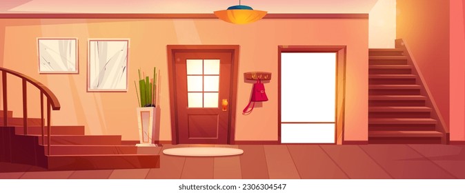 House hallway interior design with stairs. Vector cartoon illustration of large light hall, entrance door, window, staircase, floor mat, framed abstract pictures on wall. Cozy home, luxury apartment