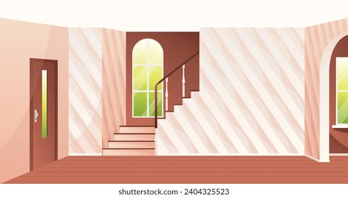 House hallway interior design with stairs. Vector cartoon illustration of large light hall, entrance door, window, staircase, floor mat, framed abstract pictures on wall. Cozy home, luxury apartment