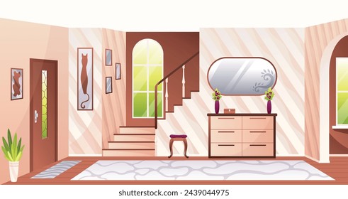House hallway interior design with stairs. Vector cartoon illustration of large light hall, entrance door, window, staircase, floor mat, framed abstract pictures on wall. Cozy home, luxury apartment