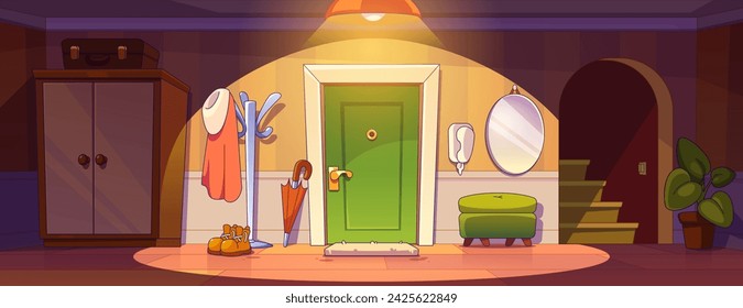 Interior del pasillo de la casa con puerta de entrada, ropa y zapatos, maleta en el gabinete, puf y espejo, escaleras y planta en olla. Vector de dibujos animados sala de la casa interior con muebles, escalera y puerta.