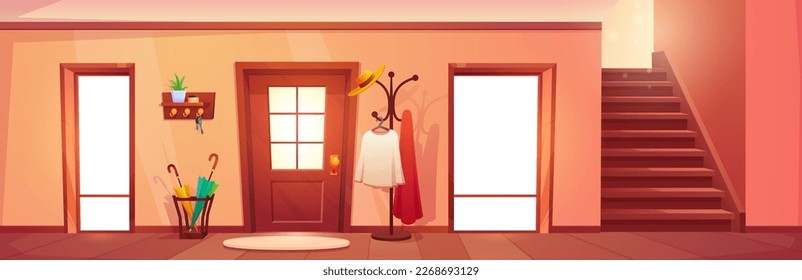 House hallway interior with furniture. Vector cartoon illustration of home corridor with entrance door, large windows, hanger for clothes, umbrella stand, rug on floor and stairs. Clean apartment