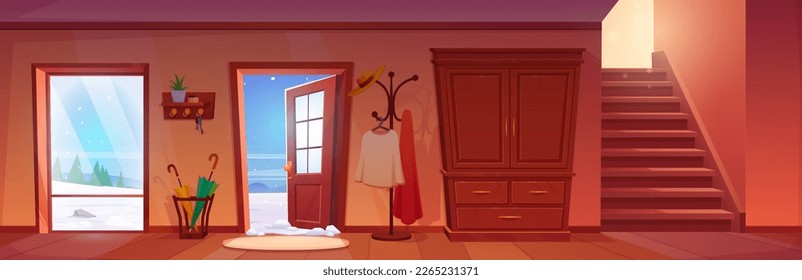 House hallway interior with open door, large window and snowy winter landscape view. Vector cartoon illustration of hall with furniture and stairs, wooden wardrobe, hanger for clothes, umbrella stand