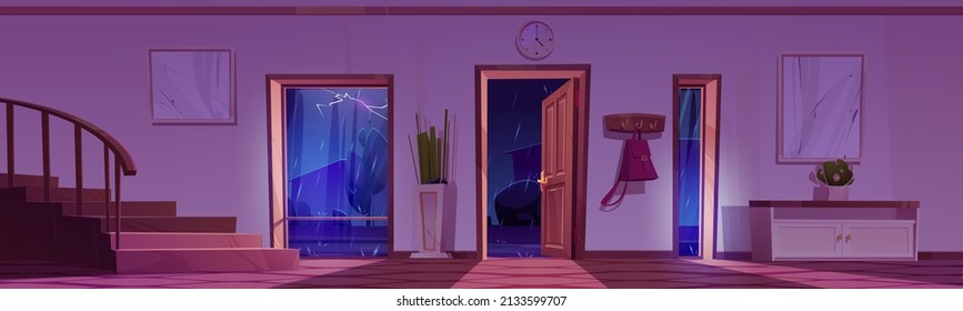 House hallway interior with storm, night rainy weather view through open doors. Home entrance with stairs, furniture and wooden floor. Apartment background with doorways, Cartoon vector illustration