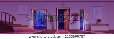 House hallway interior with storm, night rainy weather view through open doors. Home entrance with stairs, furniture and wooden floor. Apartment background with doorways, Cartoon vector illustration