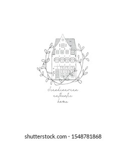 House Hand drawn isolated old home with floral elements branches, old town, sketch, doodle. Vector illustration. Logo Branding Simple Line art, outlined, linear