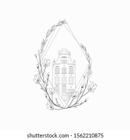 House Hand Drawn Isolated Old Home In Geometric Frame With Floral Elements Branches, Flowers, Old Town, Sketch, Doodle. Vector Illustration. Logo Branding Simple Line Art, Outlined, Linear