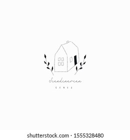 House Hand Drawn Isolated Simple Scandi Old Home With Floral Elements Branches, Old Town, Sketch, Doodle. Vector Illustration. Logo Branding Simple Line Art, Outlined, Linear