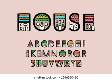 House hand drawn vector type font illustration town city colorful vibrant lettering