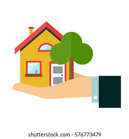 House in hand. Flat vector design icon illustration. Isolated on white background.  Insurance agent businessman  holds in hand of house, protection from danger, providing security. Real estate offer