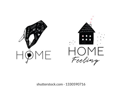 House and hand holding key logotype design. Minimalist symbol logotype real estate logo design.