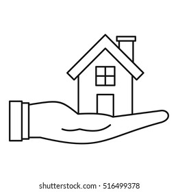 House in hand icon. Outline illustration of house in hand vector icon for web design