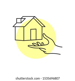 House and hand icon. Outline thin line illustration. Isolated on white background. 
