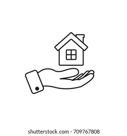 House in hand line icon, vector isolated outline illustration.