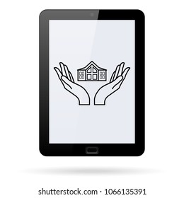 House in hand line vector icon on a realistic tablet. Flat design style