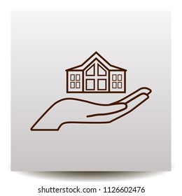 House in hand line vector icon on a realistic paper background with shadow. Flat design style. Suitable for house security, protection