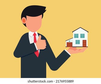 House in hand, product presentation. Businessman offer Assets on hand ready to doing ok gesture with thumbs up. 